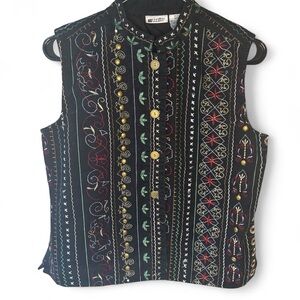 Vintage Units Embroidered Boho Vest Black Multicolor Size M